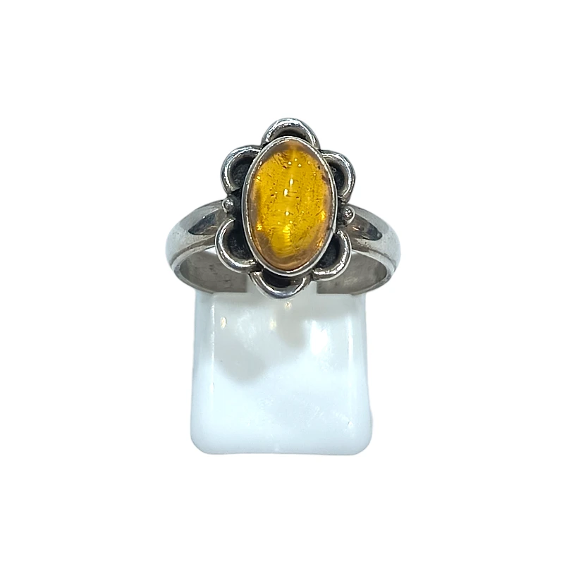 Bague Ambre Baltique Ovale (Fleur) Argent 925 Taille 56