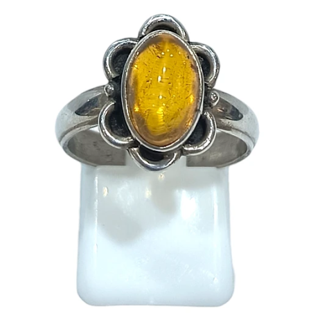 Bague Ambre Baltique Ovale (Fleur) Argent 925 Taille 56