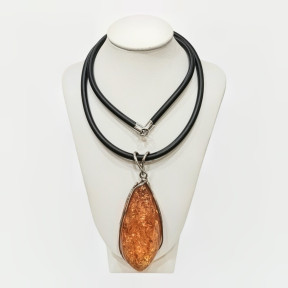 Pendentif Ambre Baltique Argent 925 6cm avec Cordon Caoutchouc 44 cm