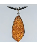 Pendentif Ambre Baltique Argent 925 6cm avec Cordon Caoutchouc 44 cm