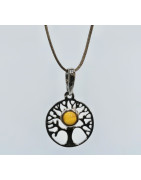 Pendentif Ambre Baltique Miel Arbre de Vie Argent 925 avec Cordon Réglable