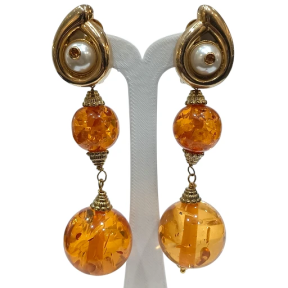Boucles Ambre Copal Vintage à Clips Plaquées Or