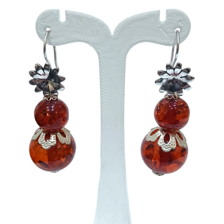 Boucles Ambre Copal Fleur Acier Inoxydable