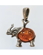 Pendentif Ambre Eléphant Argent 925 avec Chaîne Acier Inox 46 cm