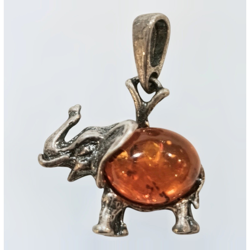 Pendentif Ambre Eléphant Argent 925 avec Chaîne Acier Inox 46 cm
