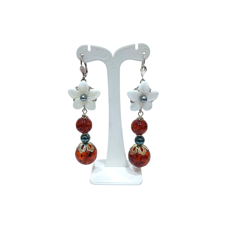 Boucles Nacre Fleur Perles Hématite Ambre Copal Acier Inoxydable