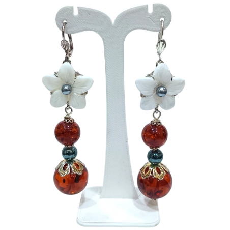 Boucles Nacre Fleur Perles Hématite Ambre Copal Acier Inoxydable
