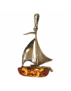 Pendentif Ambre Bateau Argent 925 3cm