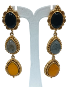 Boucles Onyx Labradorite et Ambre Laiton Plaqué Or Collection NIIKI