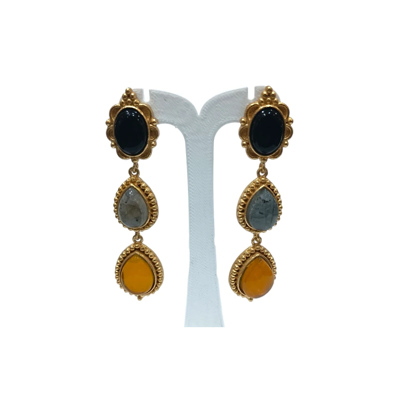 Boucles Onyx Labradorite et Ambre Laiton Plaqué Or Collection NIIKI