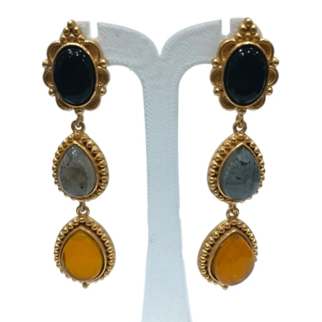 Boucles Onyx Labradorite et Ambre Laiton Plaqué Or Collection NIIKI