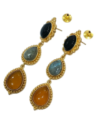 Boucles Onyx Labradorite et Ambre Laiton Plaqué Or Collection NIIKI