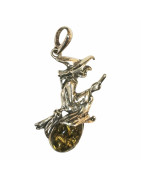 Pendentif Ambre Vert Sorcière sur Son Balai Argent 925 Rhodié