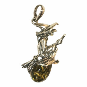 Pendentif Ambre Vert Sorcière sur Son Balai Argent 925 Rhodié