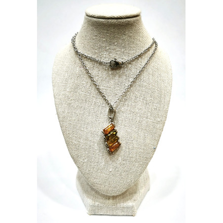 Pendentif Ambre Baltique et Vert Argent 925 avec Chaîne Acier 48 cm