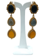 Boucles Onyx Labradorite et Ambre Laiton Plaqué Or Collection NIIKI