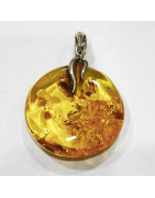 Pendentif Ambre Baltique Rond 2 cm Argent 925 et Chaîne Acier Inox 45 cm
