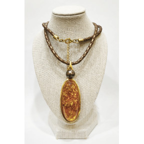 Pendentif Ambre Baltique et Bille d'Hématite 7cm Argent 925 Plaqué Or avec Cordon 44 + 5 cm