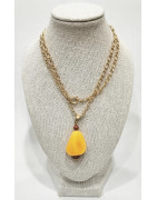 Pendentif Ambre Miel et Jaspe Rouge Avec Chaîne Plaquée Or 44 cm