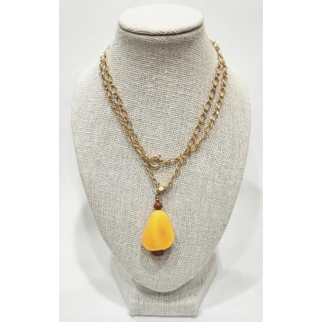 Pendentif Ambre Miel et Jaspe Rouge Avec Chaîne Plaquée Or 44 cm