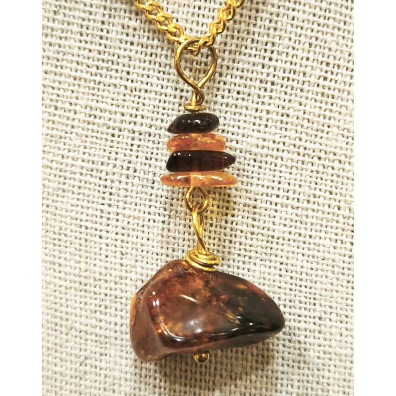 Pendentif Ambre Brut avec Chaîne Plaquée Or 42 cm