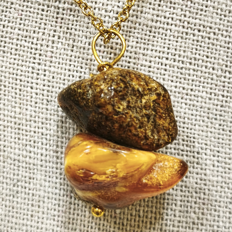 Pendentif Ambre Brut avec Chaîne Plaquée Or 46 cm