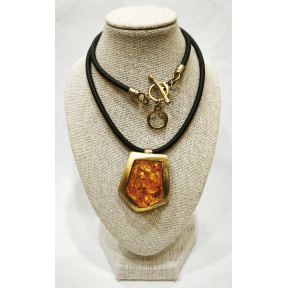 Pendentif Ambre Baltique 3 cm Argent 925 Plaqué Or (Vermeil) avec Cordon Caoutchouc 36 cm