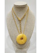 Pendentif Aventurine Jaune Donut sur Chaîne Acier Inox  Plaquée Or 42 + 5 cm