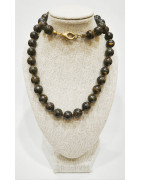 Collier Œil de Fer Pierres Rondes 8mm avec fermoir Doré 44 cm