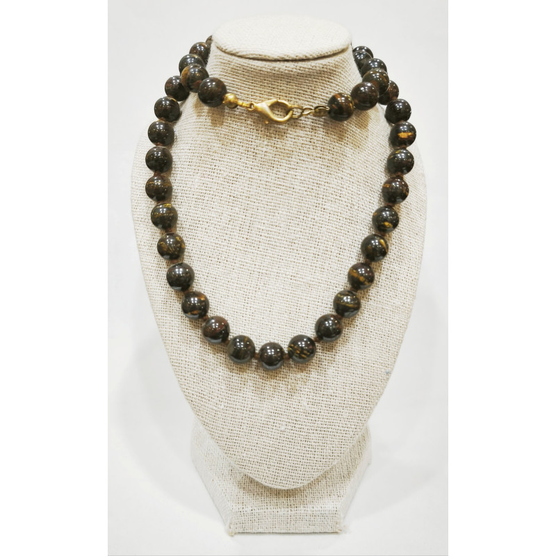 Collier Œil de Fer Pierres Rondes 8mm avec fermoir Doré 44 cm