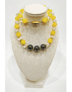 Collier Jade Jaune 8mm Hématite 10mm et Cristal de Roche Fermoir Doré 40 cm