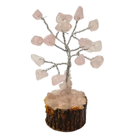 Arbre du Bonheur Quartz Rose sur Support Bois 7,5cm