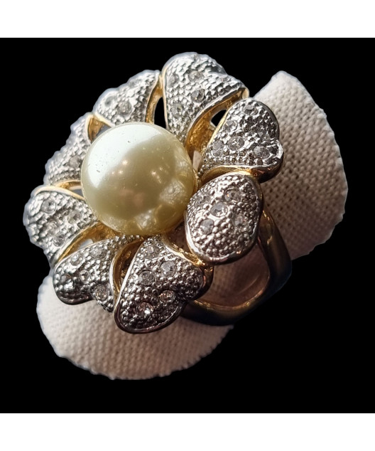 Bague Perle & Swarovski Plaqué or Taille 54