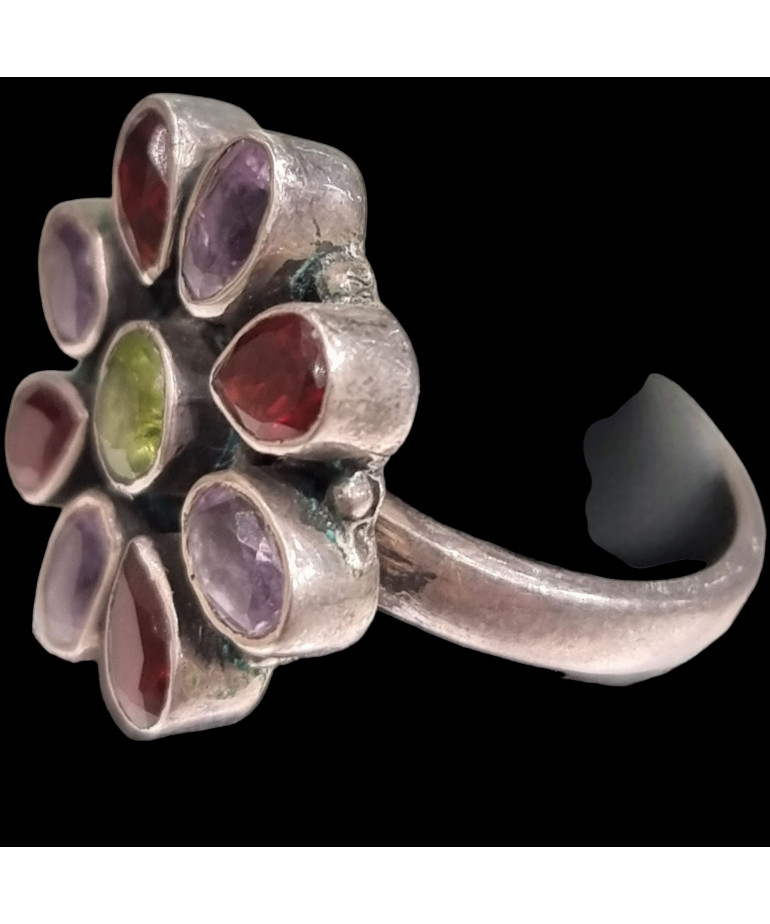 Bague Fleur Améthyste Péridot Grenat Argent 925