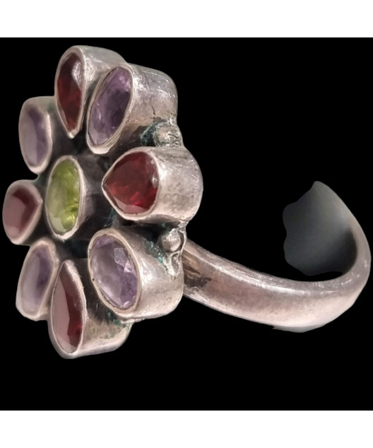 Bague Fleur Améthyste Péridot Grenat Argent 925