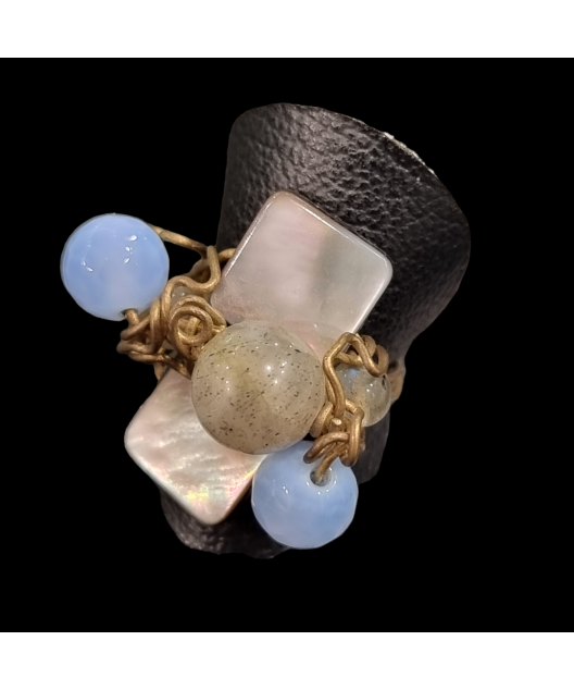 Bague Calcédoine Quartz Labradorite Laiton Taille 58