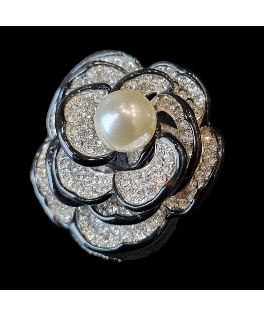 Bague Bakélite Perles de Majorque & Zirconium Métal rhodié Taille 53