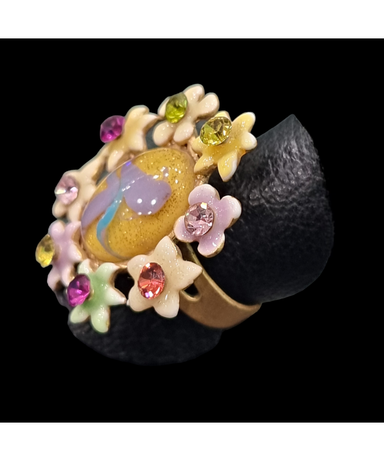 Bague Bakélite & Zirconium Fantaisie Fleur Taille 53+