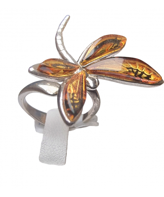 Bague Ambre baltique Libellule Argent 925 Taille 51+