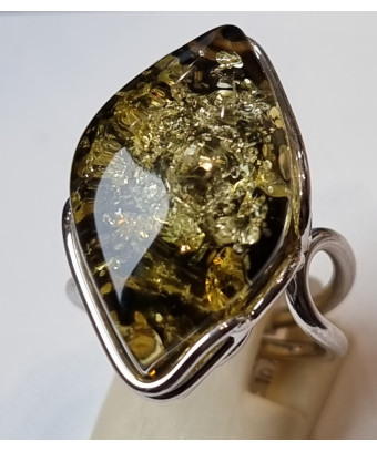 Bague Ambre Vert Argent 925 Taille 56+