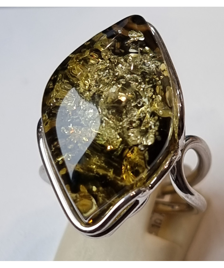 Bague Ambre Vert Argent 925 Taille 56+