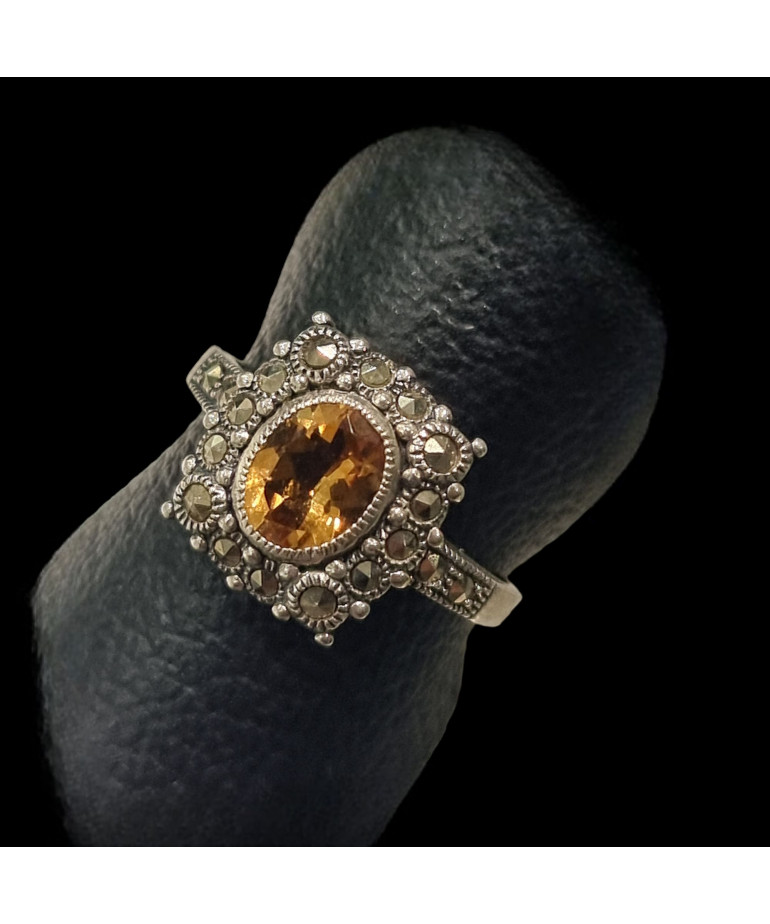 Bague Citrine Naturelle et Marcassite Argent 925 Taille 58