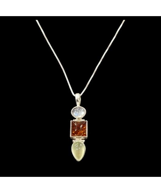 Pendentif Préhnite Ambre Pierre de lune avec chaîne argent