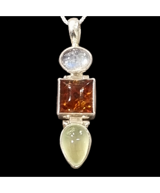 Pendentif Préhnite Ambre Pierre de lune avec chaîne argent