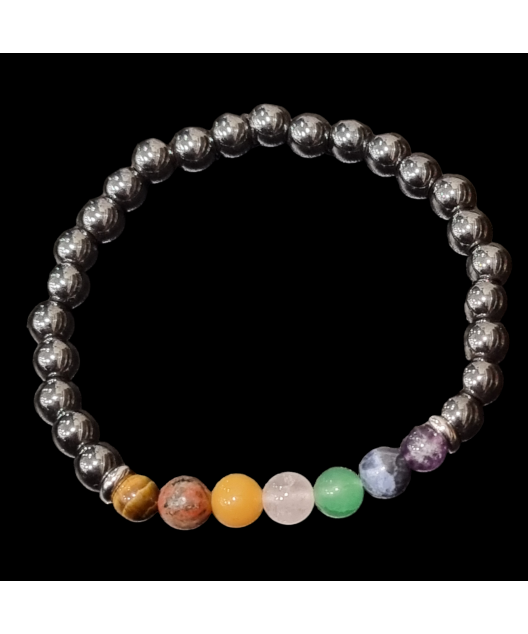 Bracelet 7 chakras Hématite Pierres rondes 6mm