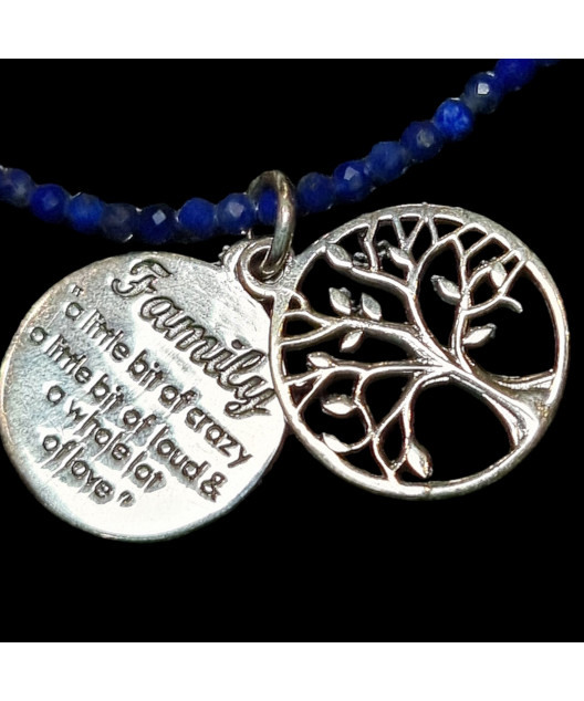 Collier Lapis-lazuli & Pendentifs Médailles Arbre de vie / Family Argent 925