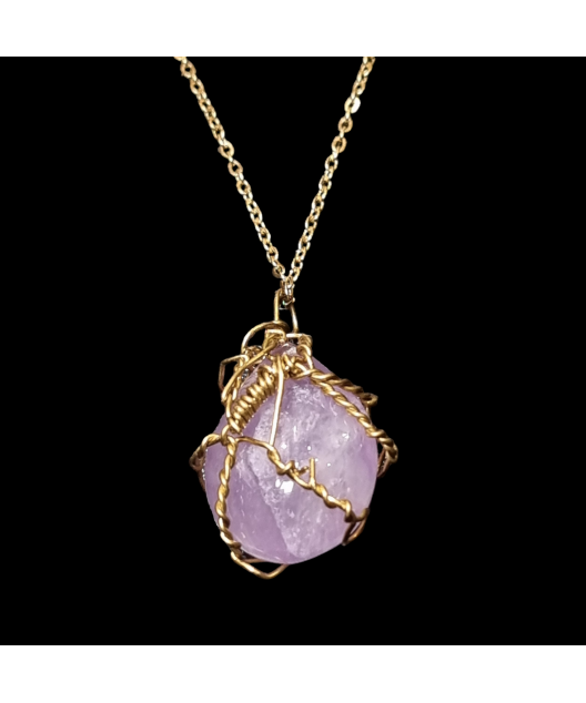 Pendentif Améthyste Laiton doré avec Chaîne acier inox