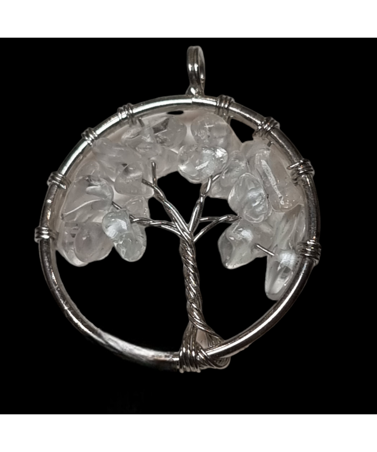 Pendentif Cristal de roche Arbre de vie acier inox