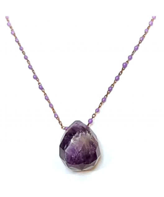 Pendentif Améthyste et Chaîne perles d'émail Plaqué or