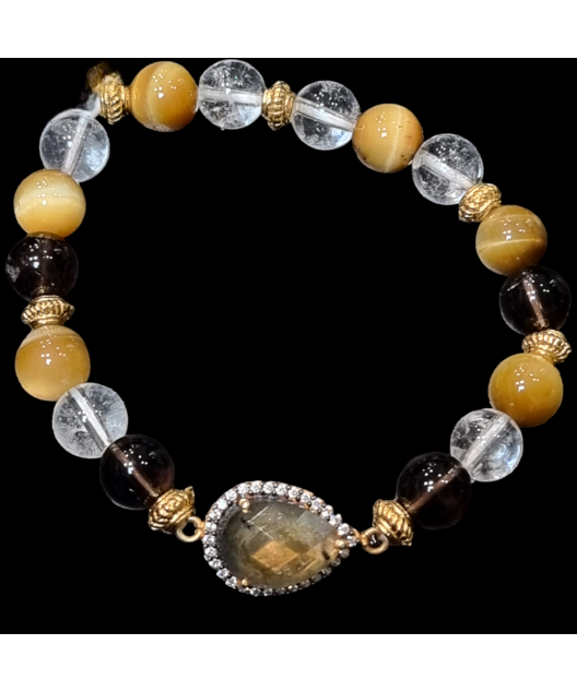 Bracelet Labradorite & Quartz fumé Cristal de roche Œil de tigre